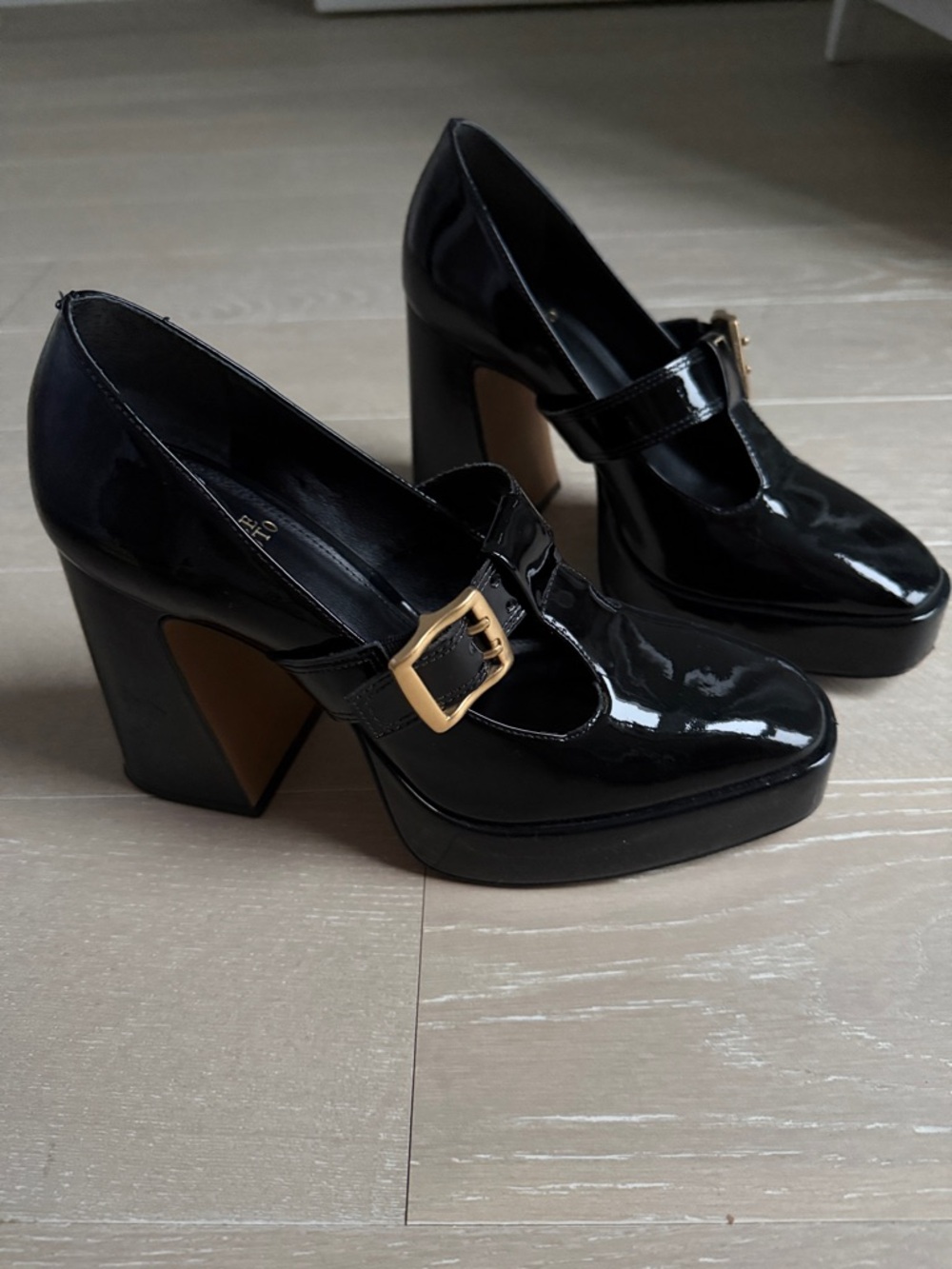 Vince Camuto Black Patent Mary Jane Block Heels with Gold Buckle